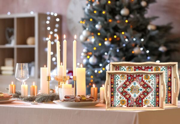 Wooden serving tray with diamond art design