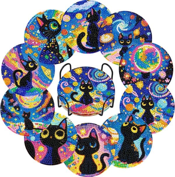 Cat diamond painting coasters set with holder - completed and sparkling