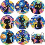 8 PCS Diamond Art Coasters Kit, Cat Diamond Painting Coasters with Holder, Fall Diamond Art Kits for Adults Beginners, Arts and Crafts Supplies Black Astral Cat Animals