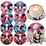 8 PCS Diamond Art Coasters Kit, 5D Diamond Painting Coasters with Holder, Fall Small Diamond Art Kits for Adults Beginners, Diamond Dots Arts and Crafts Supplies Cow