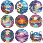 8 PCS Diamond Art Coasters Kit, Small Diamond Painting Coasters, Fall Beach Diamond Art Kits for Adults Beginners, Arts and Crafts Supplies Item Sets with Holder