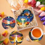 6 PCS Small Diamond Art Coasters Kits, Diamond Painting Coasters, Fall Diamond Art Kits for Adults Beginners, Arts and Crafts Item Sets with Holder for Drinks. Round Style - Imagen 6
