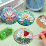 8 PCS Small Diamond Art Coasters Kits, Diamond Painting Coasters, Fall Diamond Art Kits for Adults Beginners, Arts and Crafts Item Sets with Holder for Drinks Flower Style - Gambar 7