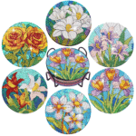 Flower Diamond Art Coasters Set of 6, Small Diamond Painting Kits for Adults Beginners Women, Gem Art Coasters with Holder, Funny Arts Supplies for Kitchen Decor