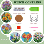 6PCS Flower Diamond Art Coasters Small Diamond Painting Kits for Adults Diamond Dots Round Full Drill Diamond Coasters with Holder Easy Art Crafts for Beginners Women - Image 2