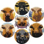 6PCS Cow Diamond Art Coasters, Small Diamond Painting Kits for Adults Beginners Women, Gem Art Coasters with Holder, Funny Arts Supplies for Home Decor