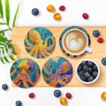 Diamond Art Coasters Set of 6, Small Diamond Painting Kits for Adults Beginners, Cork Coaster for Drinks Gem Art Coasters with Holder Home Decor for Octopus - Afbeelding 4