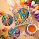Diamond Art Coasters Set of 6, Small Diamond Painting Kits for Adults Beginners, Cork Coaster for Drinks Gem Art Coasters with Holder Home Decor for Octopus - Afbeelding 5