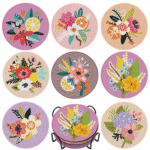 Flowers Diamond Painting Coaster with Holder 5D Diamond Art Kits for Adults Round Full Drill Beginners Gem Dots Craft Arts Supplies Party Home Decor 8pcs