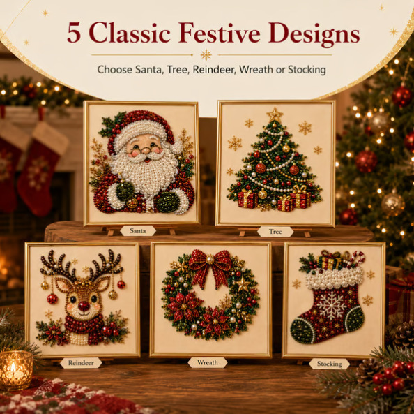5 Classic Christmas Designs - Santa, Tree, Reindeer, Wreath, Stocking
