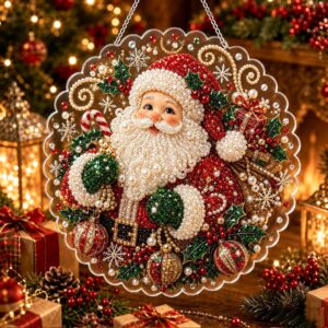 christmas pearl diamond painting suncatcher kit, acrylic diy diamond and pearl art painting, christmas diamond painting hanging pendant, 3d mixed sized pearl beads craft