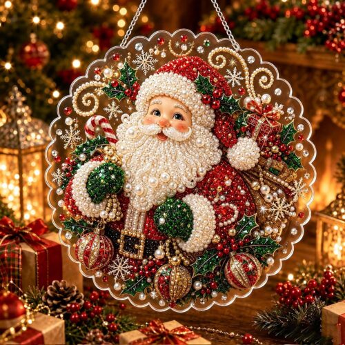 christmas pearl diamond painting suncatcher kit, acrylic diy diamond and pearl art painting, christmas diamond painting hanging pendant, 3d mixed sized pearl beads craft