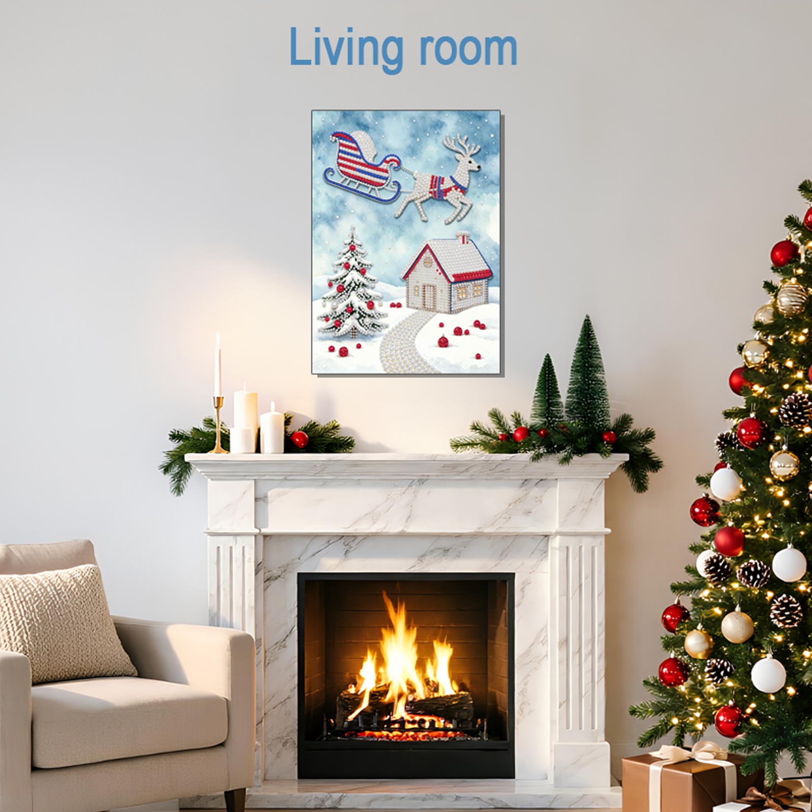 Christmas sleigh pearl diamond painting above fireplace in living room