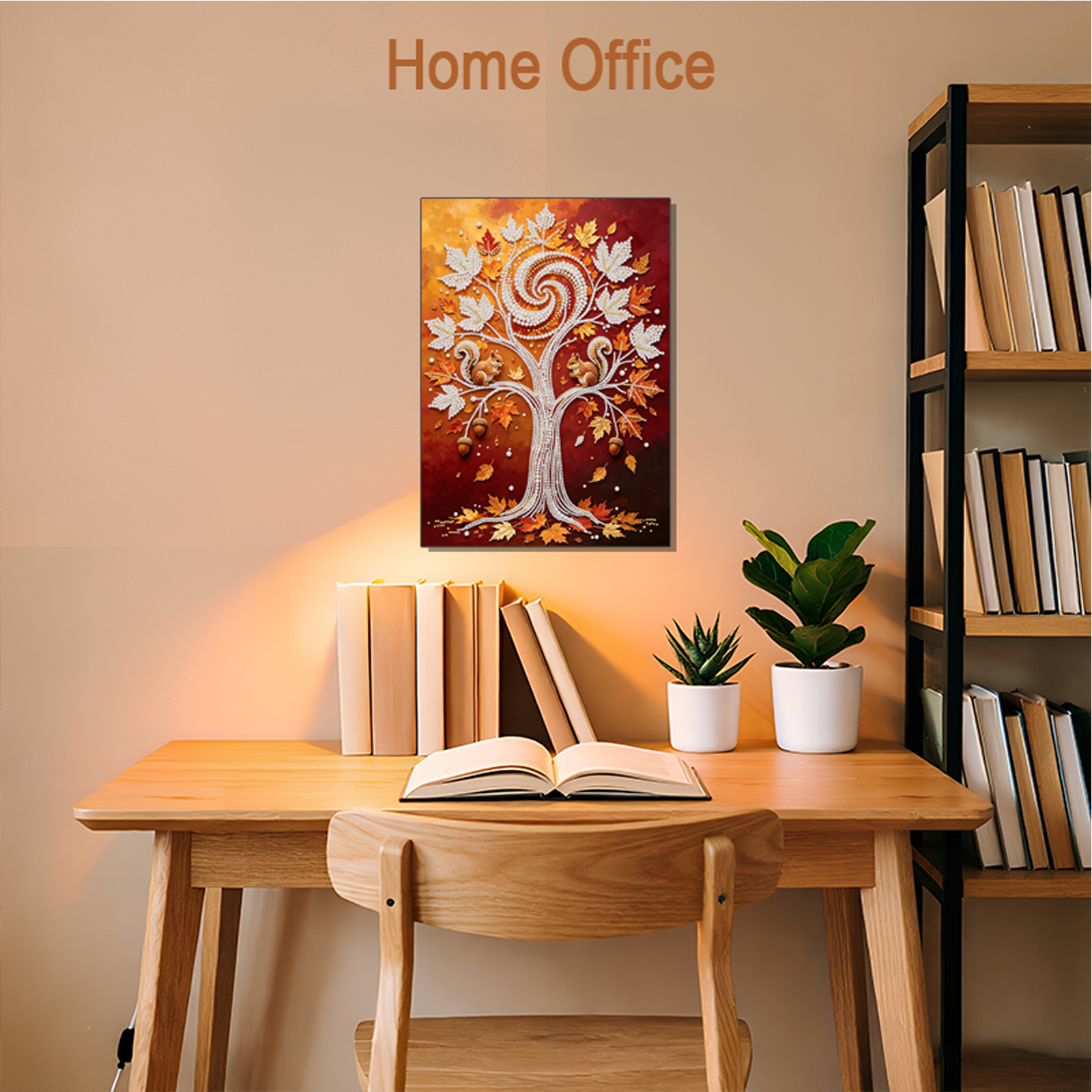Autumn tree pearl art displayed above wooden desk in home office