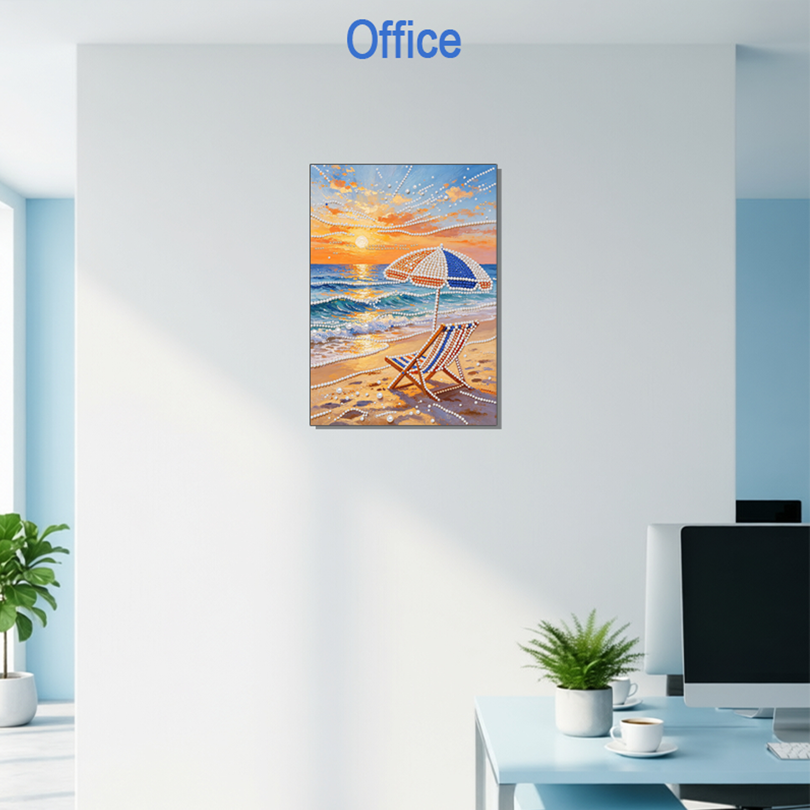 Pearl diamond painting hanging in modern office workspace