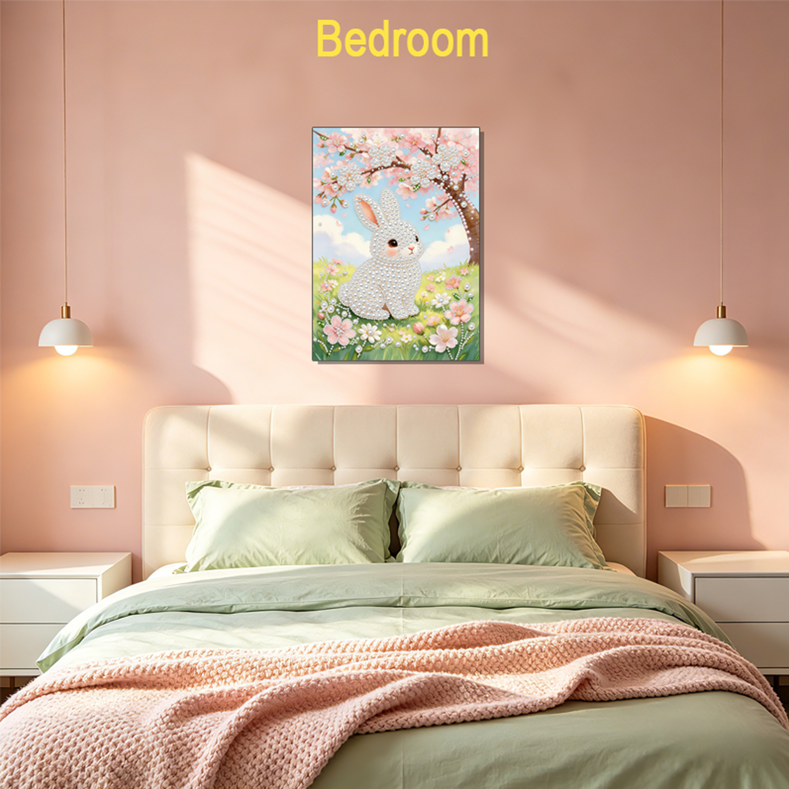 Pearl diamond painting displayed in cozy bedroom with soft pink walls