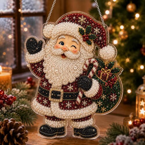 christmas pearl diamond painting suncatcher kit, diy craft pre assembled metal chain, acrylic round board with lace edge, 3d mixed sized pearl beads craft, festive window wall decor