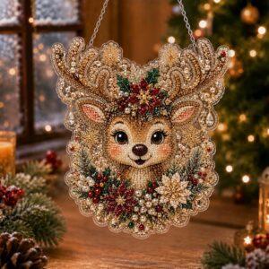 christmas pearl diamond painting suncatcher kit, diy craft pre assembled metal chain, acrylic round board with lace edge, 3d mixed sized pearl beads craft, festive window wall decor
