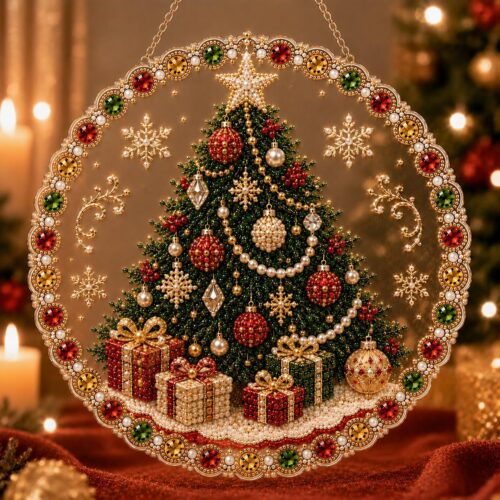 christmas pearl diamond painting suncatcher kit, acrylic diy diamond and pearl art painting, christmas diamond painting hanging pendant, 3d mixed sized pearl beads craft