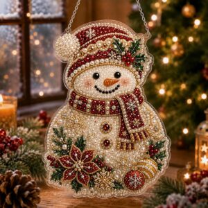 christmas pearl diamond painting suncatcher kit, diy craft pre assembled metal chain, acrylic round board with lace edge, 3d mixed sized pearl beads craft, festive window wall decor