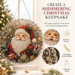 christmas pearl diamond painting suncatcher kit, diy craft pre assembled metal chain, acrylic round board with lace edge, 3d mixed sized pearl beads craft, festive window wall decor