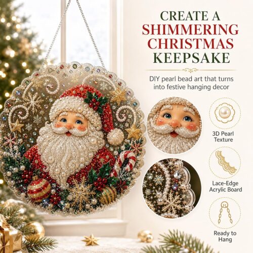 christmas pearl diamond painting suncatcher kit, diy craft pre assembled metal chain, acrylic round board with lace edge, 3d mixed sized pearl beads craft, festive window wall decor
