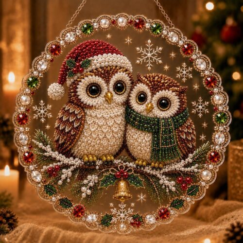 christmas pearl diamond painting suncatcher kit, acrylic diy diamond and pearl art painting, christmas diamond painting hanging pendant, 3d mixed sized pearl beads craft