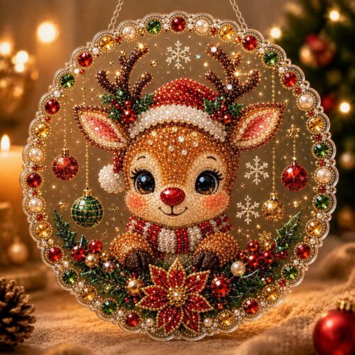 christmas pearl diamond painting suncatcher kit, acrylic diy diamond and pearl art painting, christmas diamond painting hanging pendant, 3d mixed sized pearl beads craft