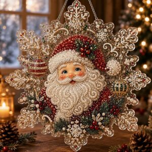 christmas pearl diamond painting suncatcher kit, diy craft | pre assembled metal chain, acrylic snowflake shape board with lace edge, 3d mixed sized pearl beads craft