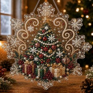christmas pearl diamond painting suncatcher kit, diy craft | pre assembled metal chain, acrylic snowflake shape board with lace edge, 3d mixed sized pearl beads craft