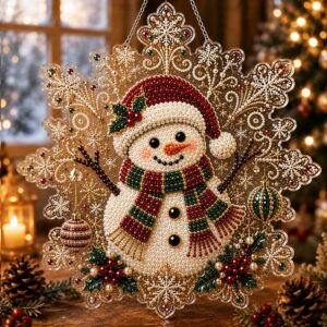 christmas pearl diamond painting suncatcher kit, diy craft | pre assembled metal chain, acrylic snowflake shape board with lace edge, 3d mixed sized pearl beads craft