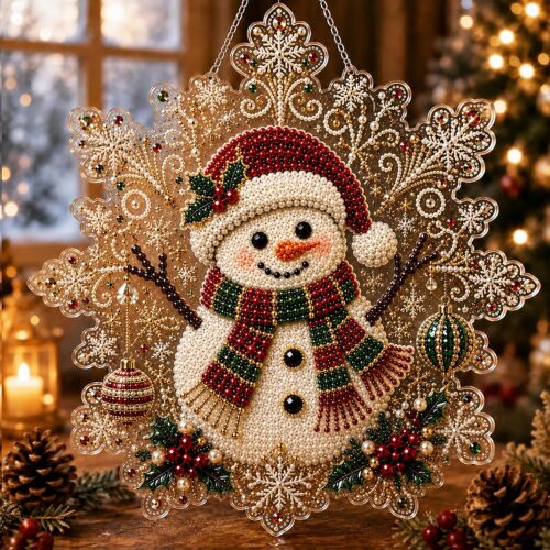 christmas pearl diamond painting suncatcher kit, diy craft | pre assembled metal chain, acrylic snowflake shape board with lace edge, 3d mixed sized pearl beads craft