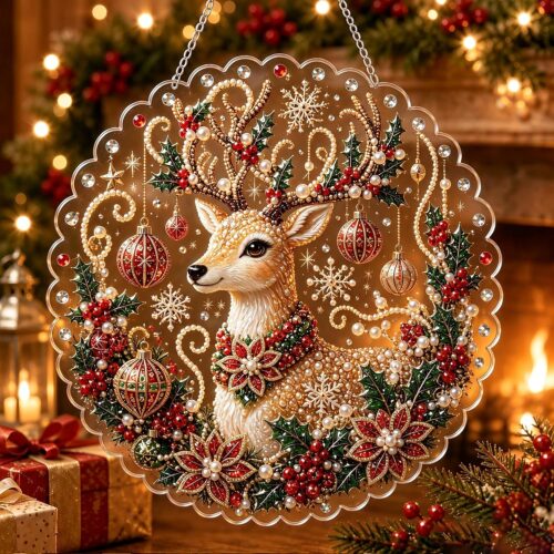 christmas pearl diamond painting suncatcher kit, acrylic diy diamond and pearl art painting, christmas diamond painting hanging pendant, 3d mixed sized pearl beads craft