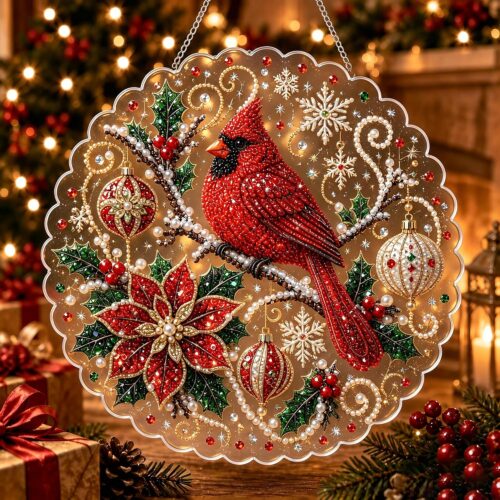 christmas pearl diamond painting suncatcher kit, acrylic diy diamond and pearl art painting, christmas diamond painting hanging pendant, 3d mixed sized pearl beads craft