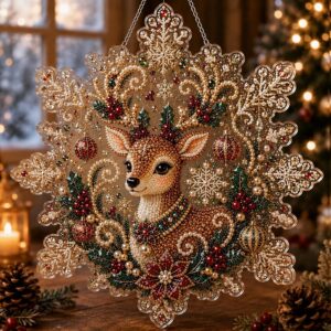 christmas pearl diamond painting suncatcher kit, diy craft | pre assembled metal chain, acrylic snowflake shape board with lace edge, 3d mixed sized pearl beads craft