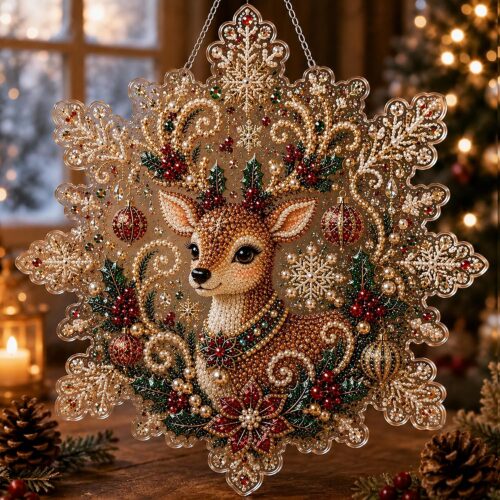 christmas pearl diamond painting suncatcher kit, diy craft | pre assembled metal chain, acrylic snowflake shape board with lace edge, 3d mixed sized pearl beads craft