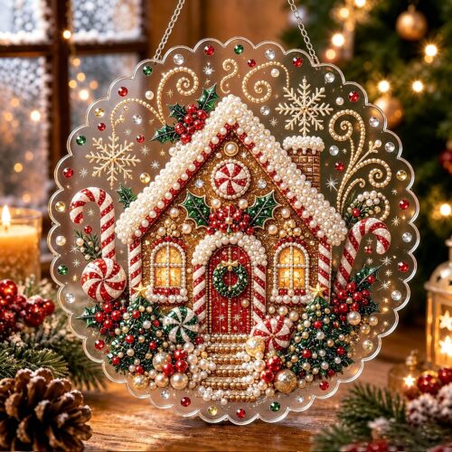 christmas pearl diamond painting suncatcher kit, acrylic diy diamond and pearl art painting, christmas diamond painting hanging pendant, 3d mixed sized pearl beads craft