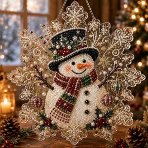 christmas pearl diamond painting suncatcher kit, diy craft | pre assembled metal chain, acrylic snowflake shape board with lace edge, 3d mixed sized pearl beads craft