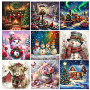 亚马逊新品热销5d钻石画圣诞雪人极光火车风景diy跨境装饰画厂家