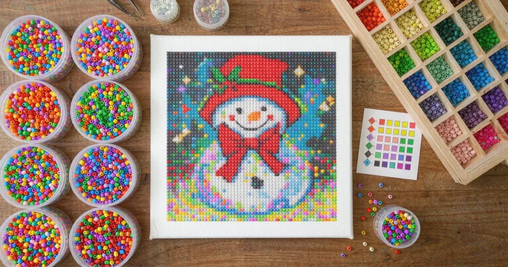 First Christmas diamond art kit set up with applicator pen, wax, and sorting tray