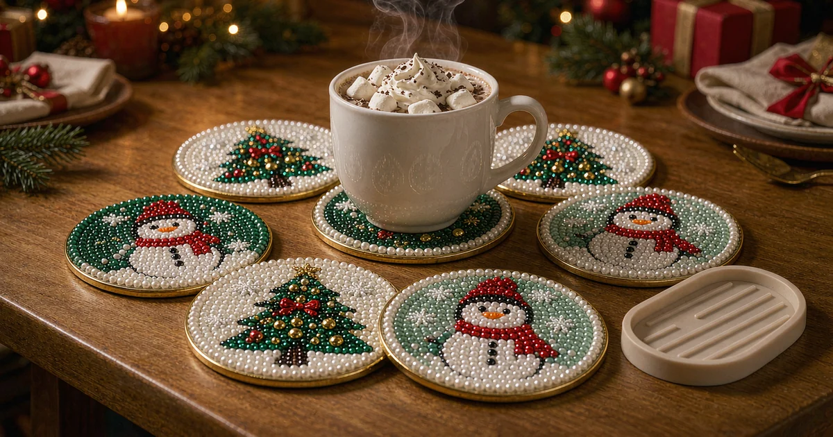 DOTZSO 6-piece Christmas diamond painting coaster set in anti-slip holder