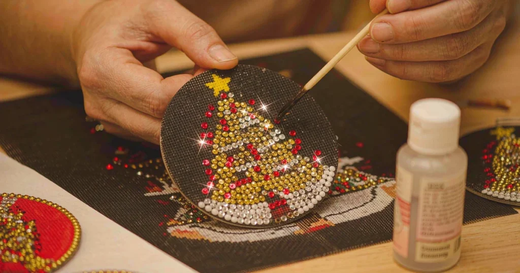 Sealing a finished Christmas diamond painting coaster with clear craft sealer