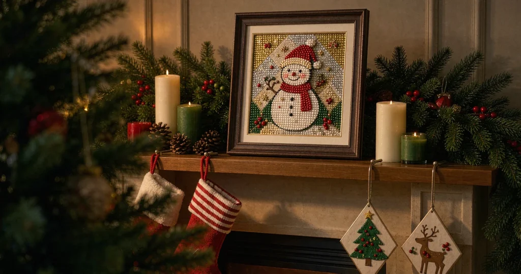 Christmas diamond painting decor styled on a mantel with warm holiday lighting