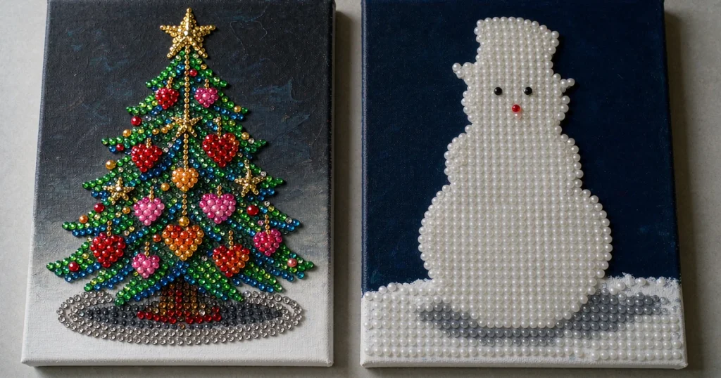 Christmas tree diamond painting design compared with a snowman diamond painting design