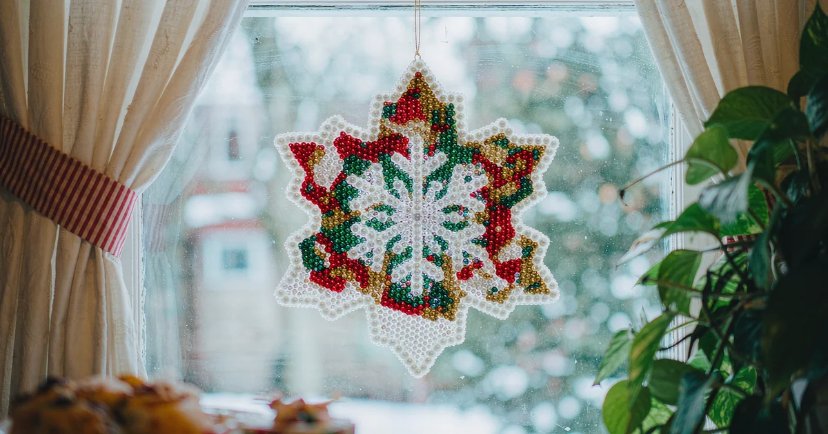 DOTZSO snowflake shaped Christmas diamond painting hanging pendant in a window
